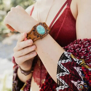 New Boho Leather Turquoise Stone Cuff Bracelet